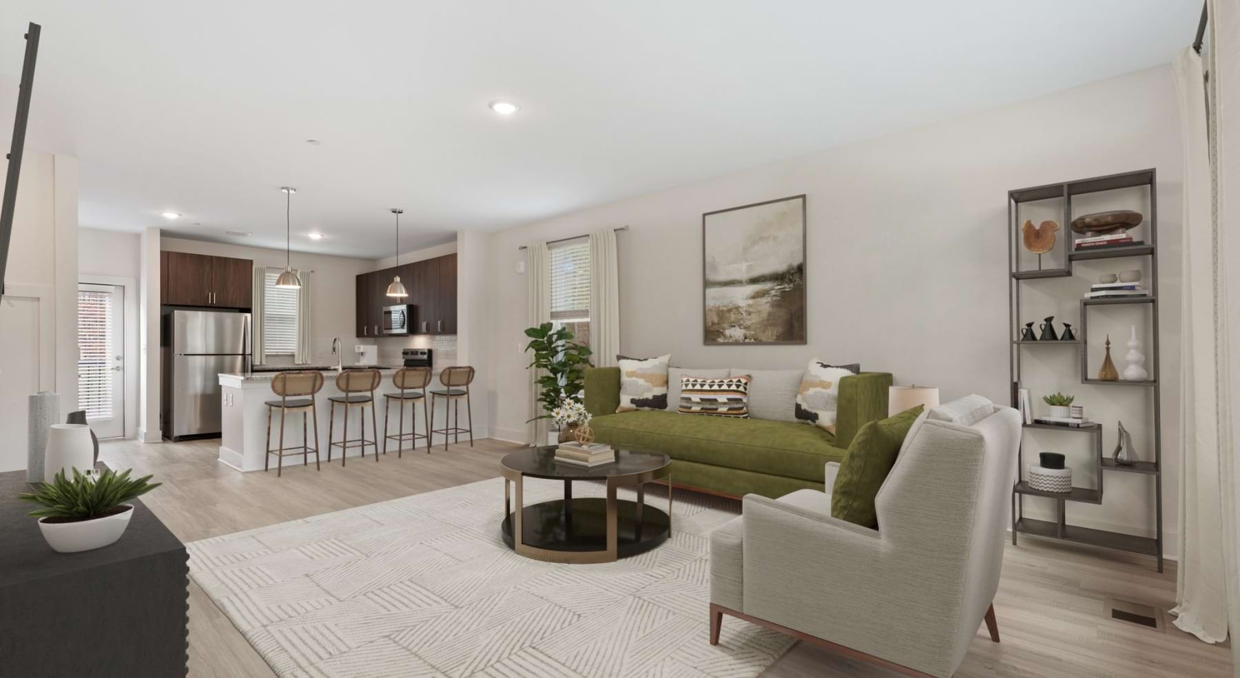 large living room with wood flooring
